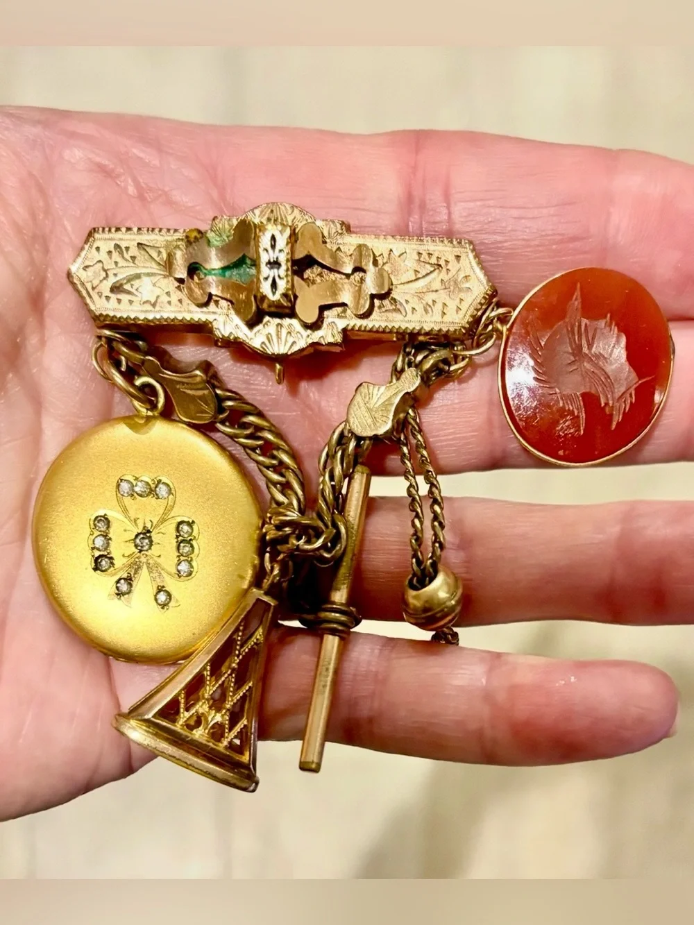 Antique Victorian 19thC Gold Chatelaine Brooch Locket Carnelian Fob Pin